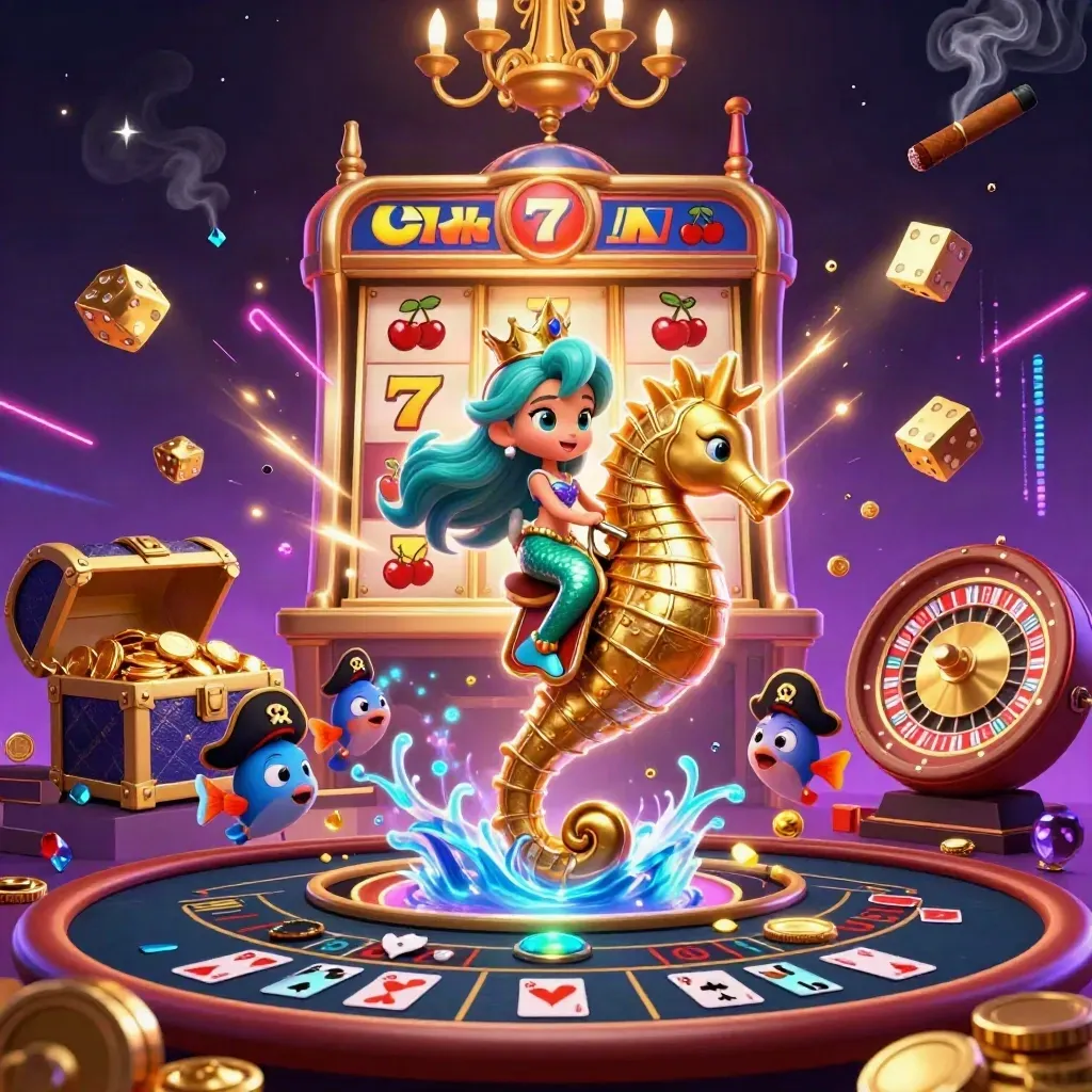 Mermaid princess on armored seahorse amid casino magic, jackpots, gold, and neon glow.