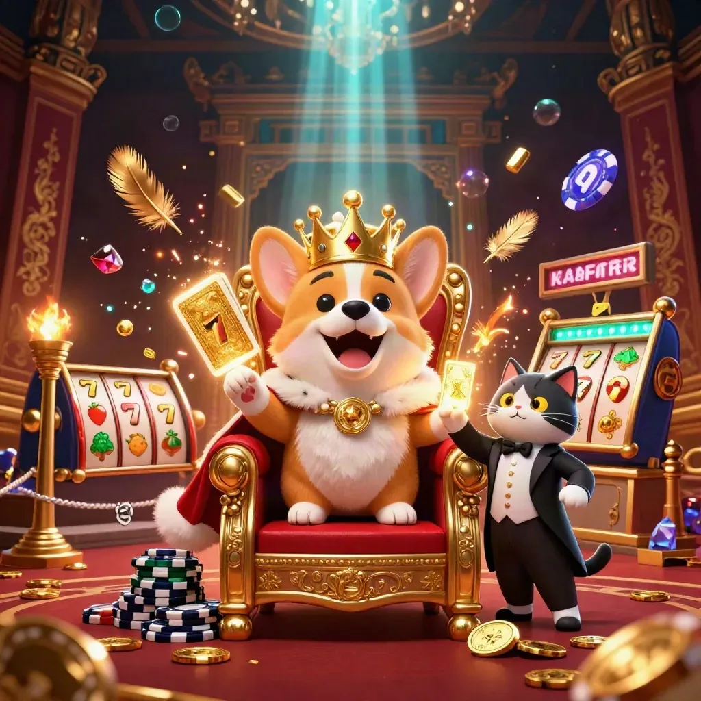 Corgi king and cat butler on chip throne amid casino relics, temple gate, and glowing reels