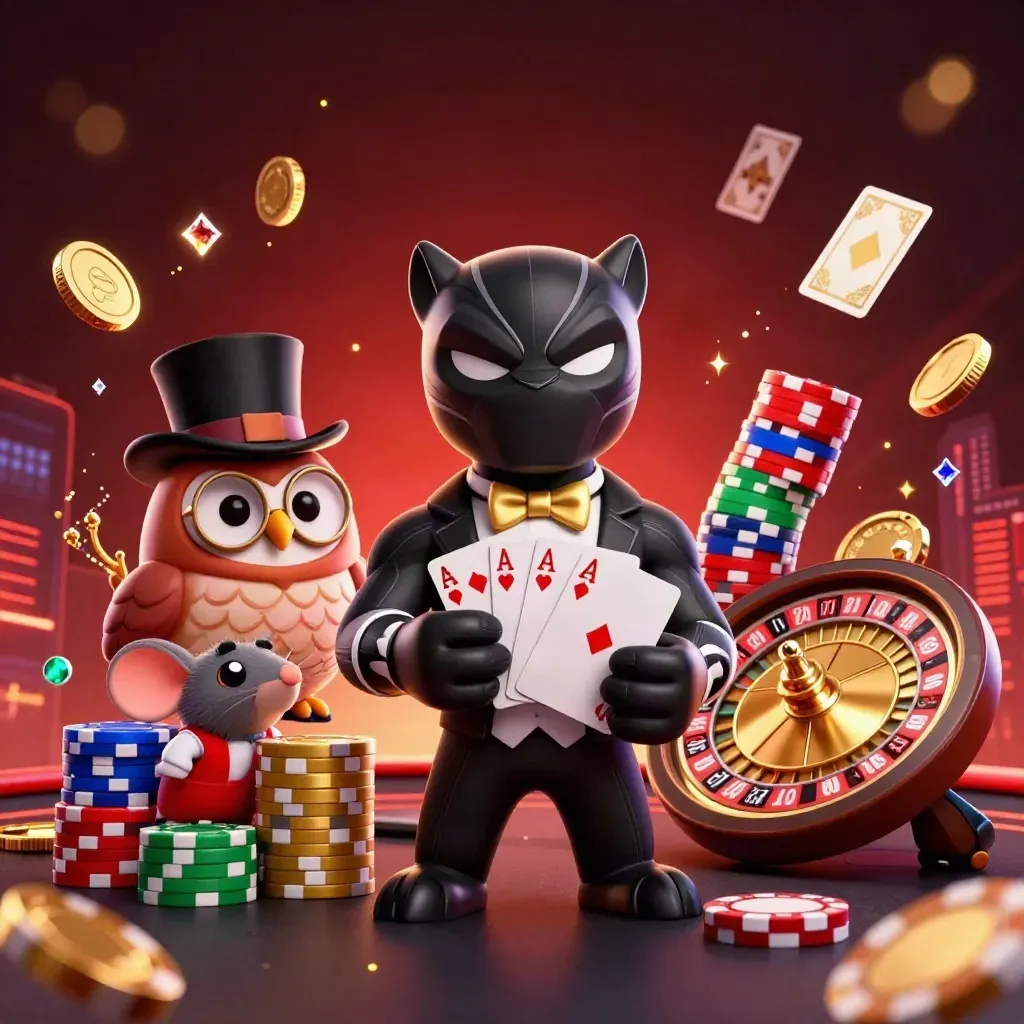Panther, owl, and mouse amid flying coins, cards, chips, and a spinning roulette wheel in gold and emerald.