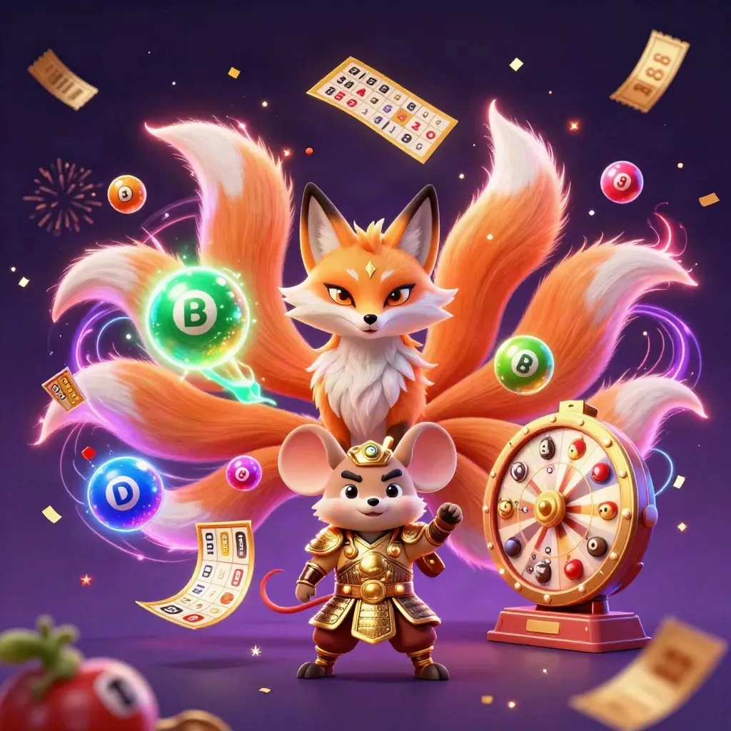 Nine-tailed fox spirit and armored mouse amid casino charms, confetti, and magical neon burst.