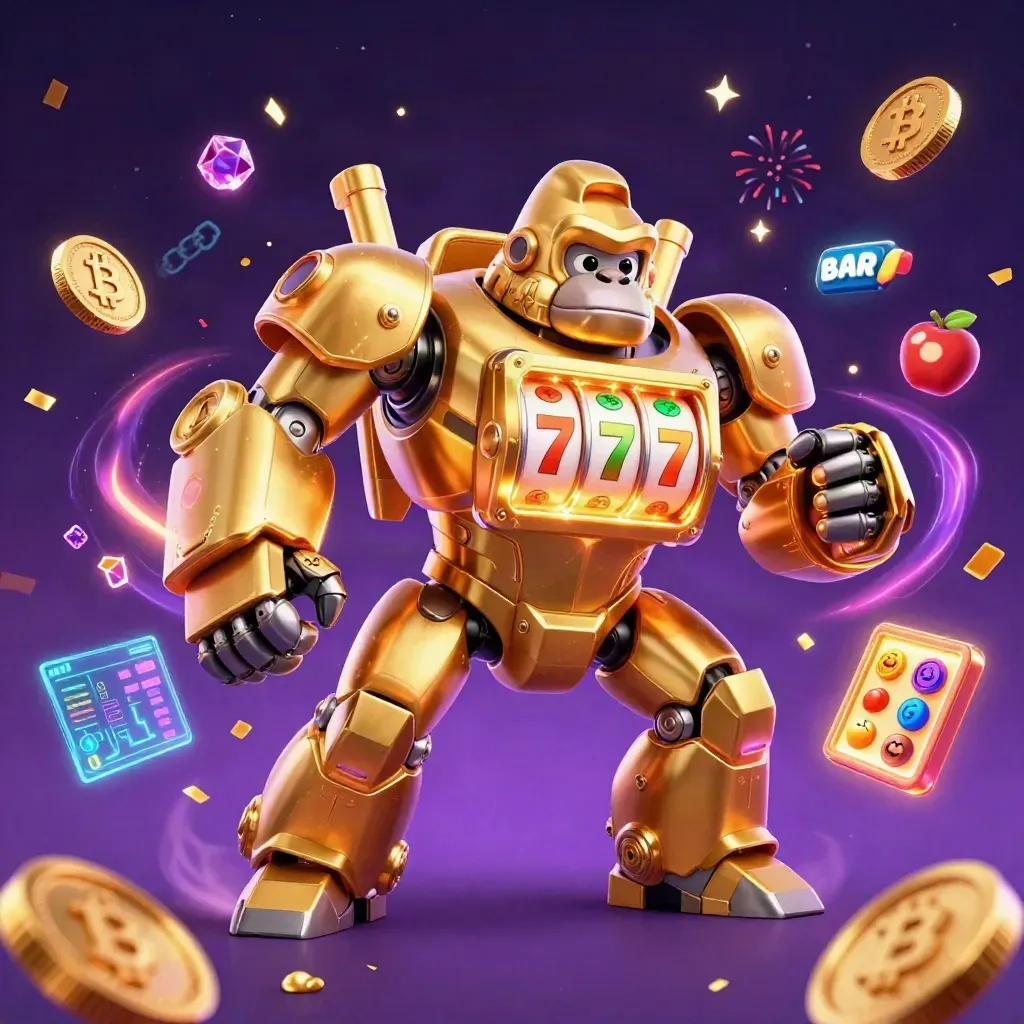 Golden gorilla slot mech with tiny monkey pilot amid neon coins, lightning, and fireworks.