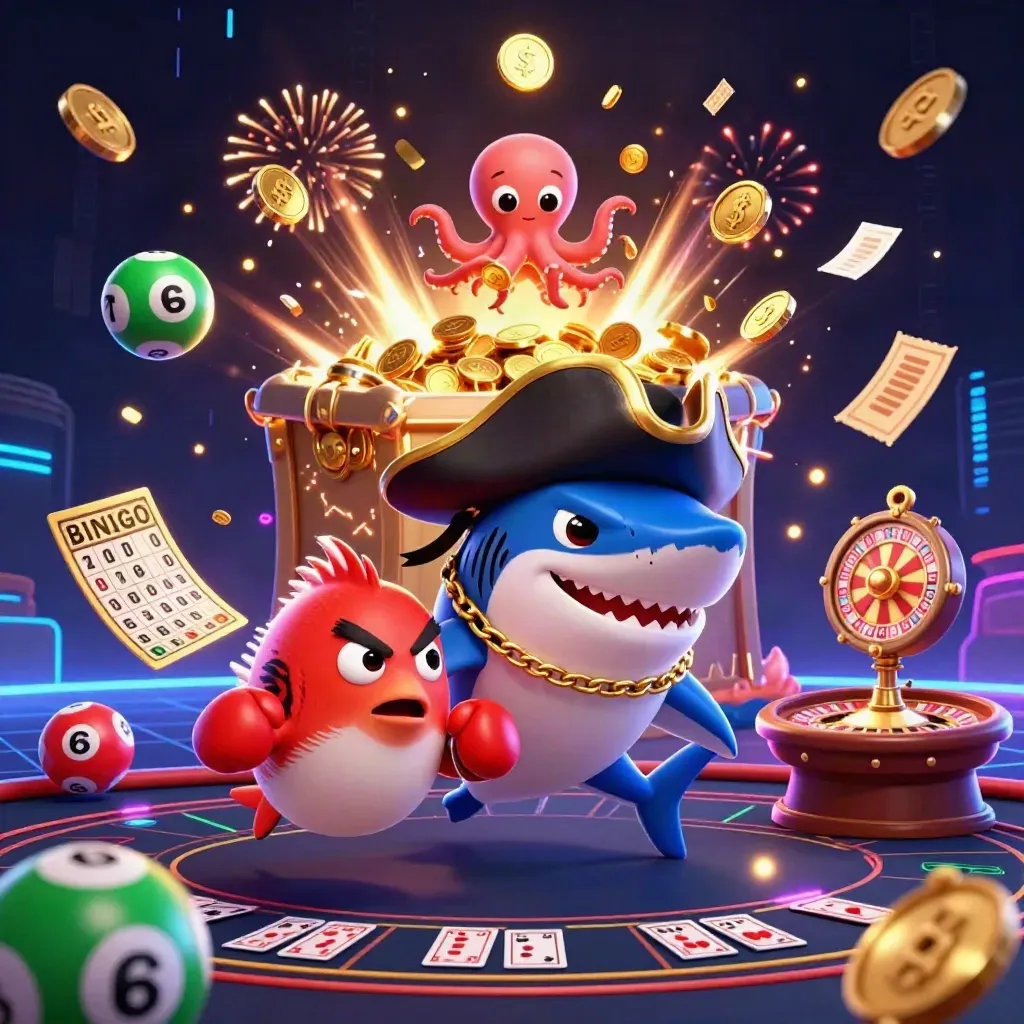 Pirate shark, boxing pufferfish, and coin-juggling octopus burst through casino treasure