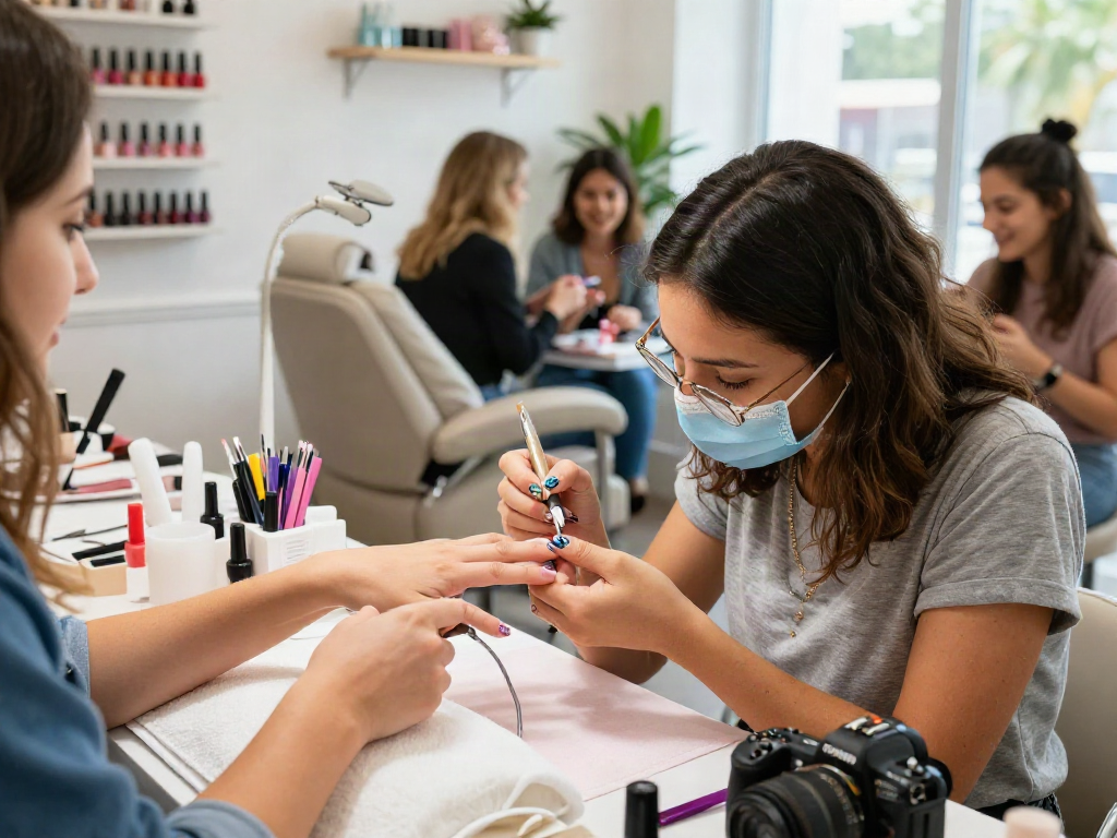 Stylish nail salon with a technician applying vibrant nail polish in a bright, inviting atmosphere.